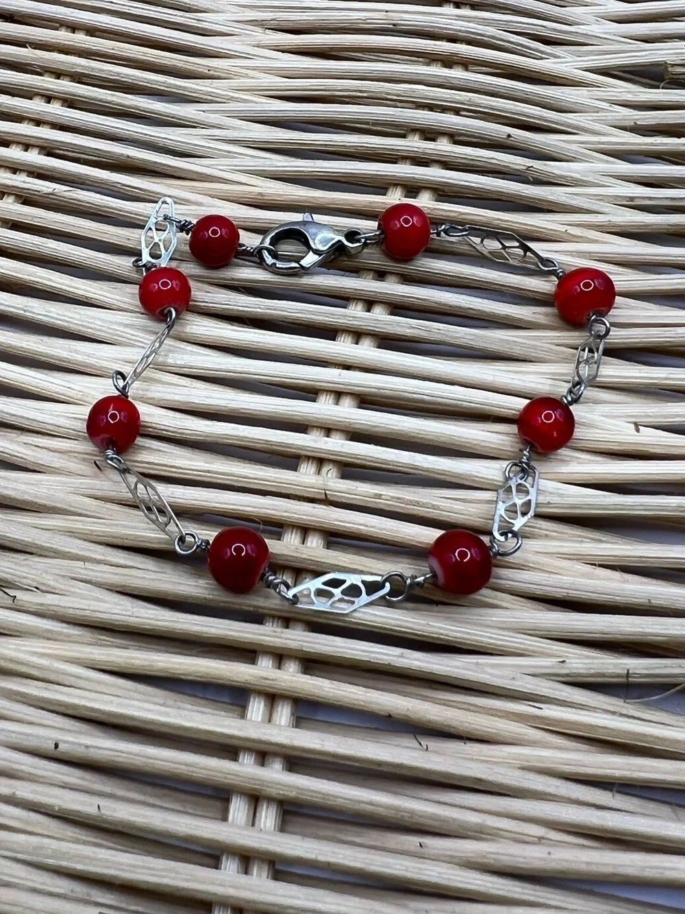 Vintage Red Beaded Silver Tone Link Chain Bracelet Bohemian Chic